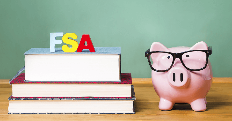 Free Application Federal Student Aid initials on a stack of books and a piggy bank