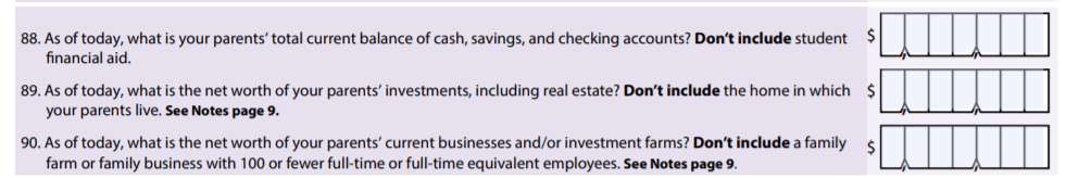screenshot of FAFSA parent bank accounts question