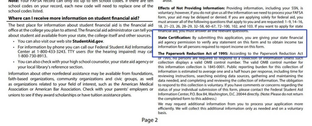Screenshot of state certification statement of the FAFSA form