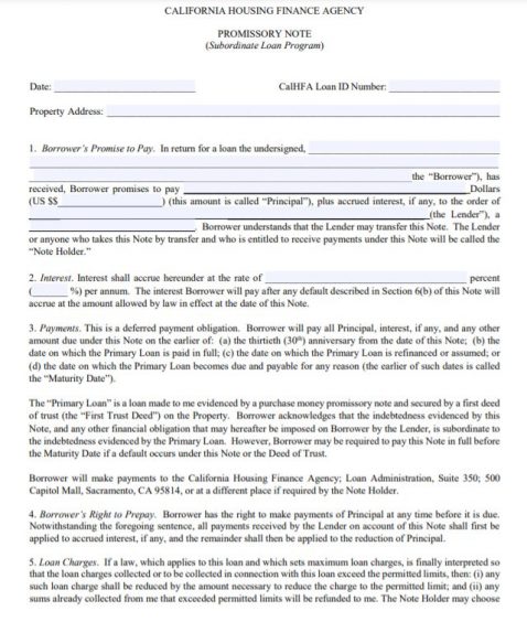 Sample mortgage note California Housing Finance Agency