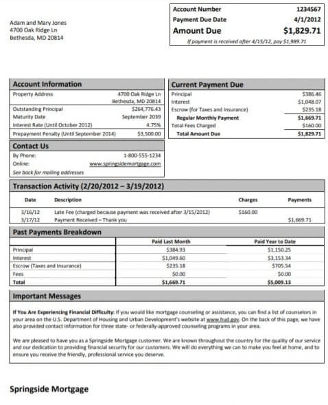Mortgage statement sample