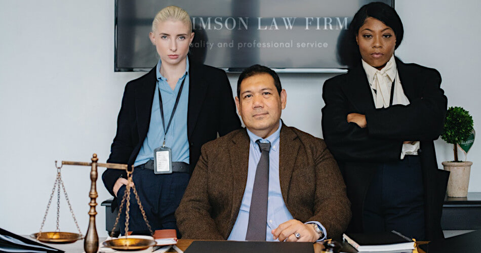 three lawyers, two females standing and trying to look intimidating, one male seated with friendly, calm facial expression